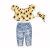 Wholesale Sun Flower Flutter Sleeve Strapless Children Girl Two Piece Crop Top Jeans Pants Set Kids Baby Clothing Outfit