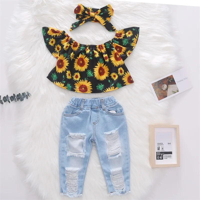 Großhandel Sonnenblumen-Volantärmel trägerlos Kinder Mädchen Zweiteiliges Crop Top Jeans Hose Set Baby Kleidung Outfit