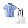 Two Pieces Baby Boys Gentleman Plain Bow Tie Short Sleeve Shorts Summer Baby Clothing Set Kids Boutique Clothing Set