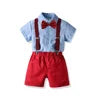 Two Pieces Baby Boys Gentleman Plain Bow Tie Short Sleeve Shorts Summer Baby Clothing Set Kids Boutique Clothing Set