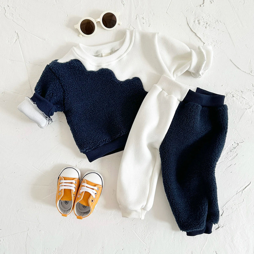 2024 Winter Warme Babykleidungssets für Jungen Neugeborene Blau Weiß Oberteil und Hose Kleinkind 1-3 Jahre