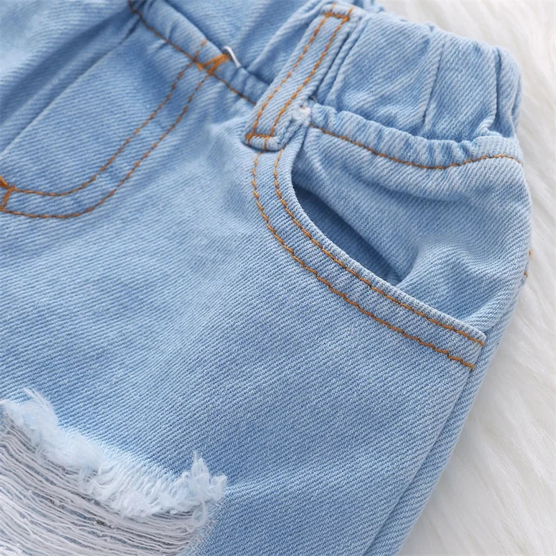 Großhandel Sonnenblumen-Volantärmel trägerlos Kinder Mädchen Zweiteiliges Crop Top Jeans Hose Set Baby Kleidung Outfit
