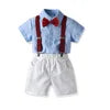 Two Pieces Baby Boys Gentleman Plain Bow Tie Short Sleeve Shorts Summer Baby Clothing Set Kids Boutique Clothing Set
