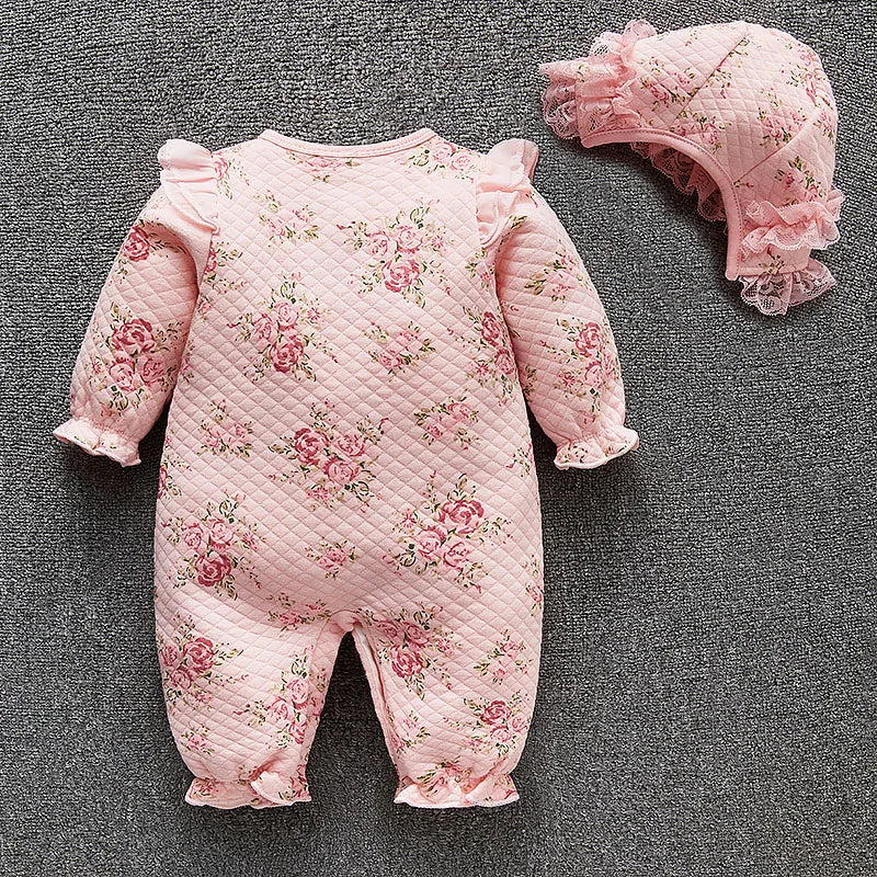 Winter Newborn Baby Girl Clothes Thicken Floral Princess Jumpsuit Clothing Sets Boys Bodysuit+ Hats