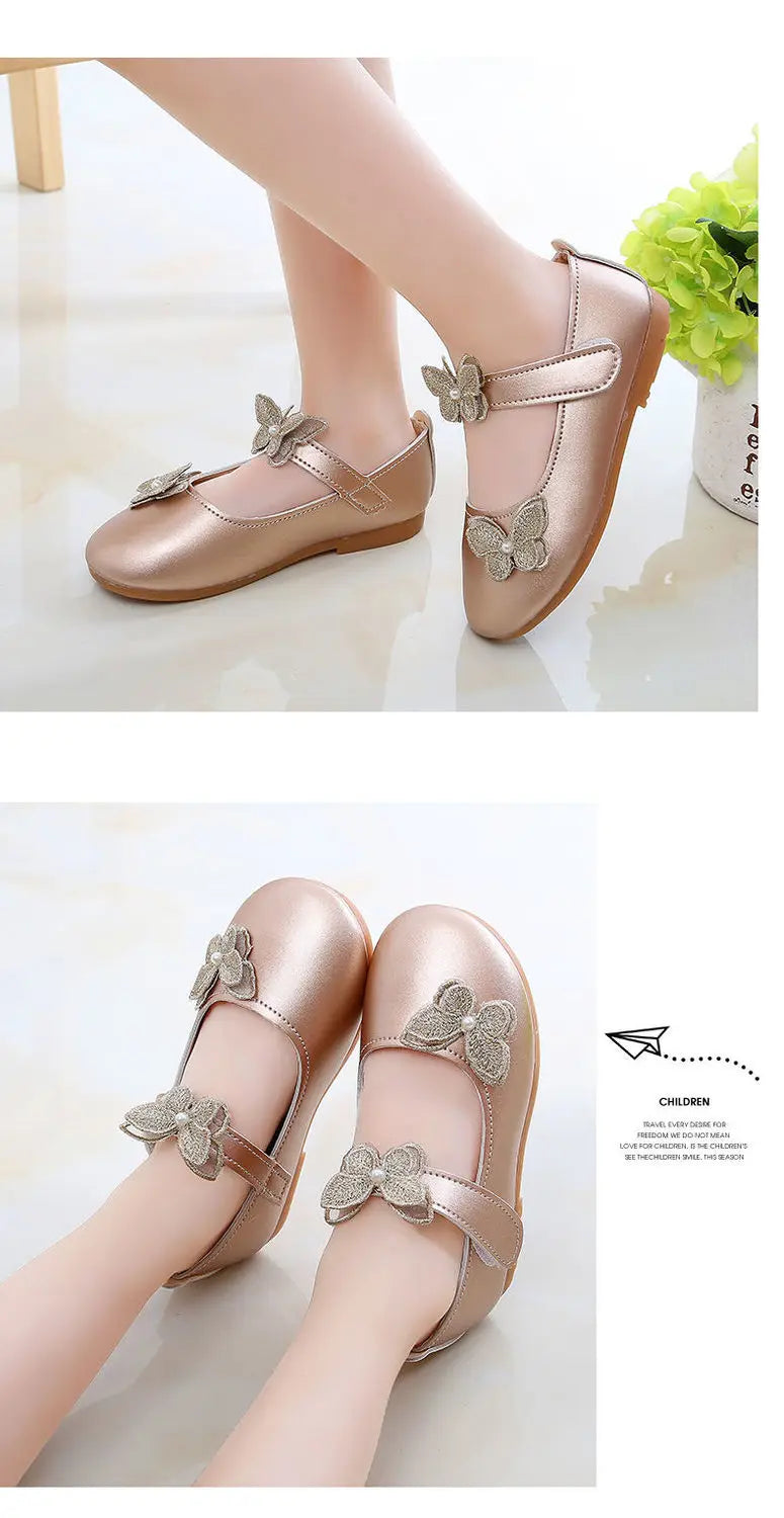 2-12Years Old Kids Leather Shoes Comfortable Beautiful Butterfly Girls Princess Shoes For Wedding Party Children Single Shoes