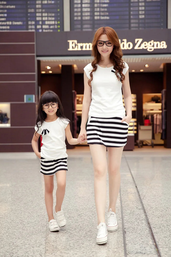 Mommy and Me Dress Family Fashion Summer Set Clothes for Mother  Daughter Stripe Sports Skirt Set Matching Mother Daughter Outfi