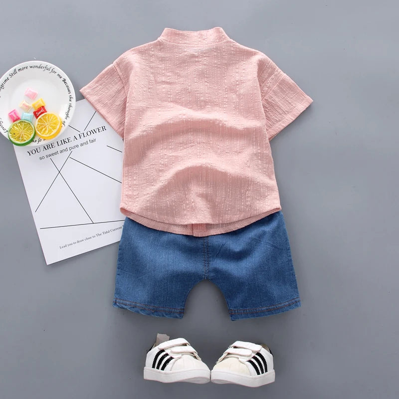 Neu Sommer Hot Sale Kleinkind Kinder Baby Jungen Hemd Cartoon Tops Jeans Shorts Hosen Outfits Set Babykleidung