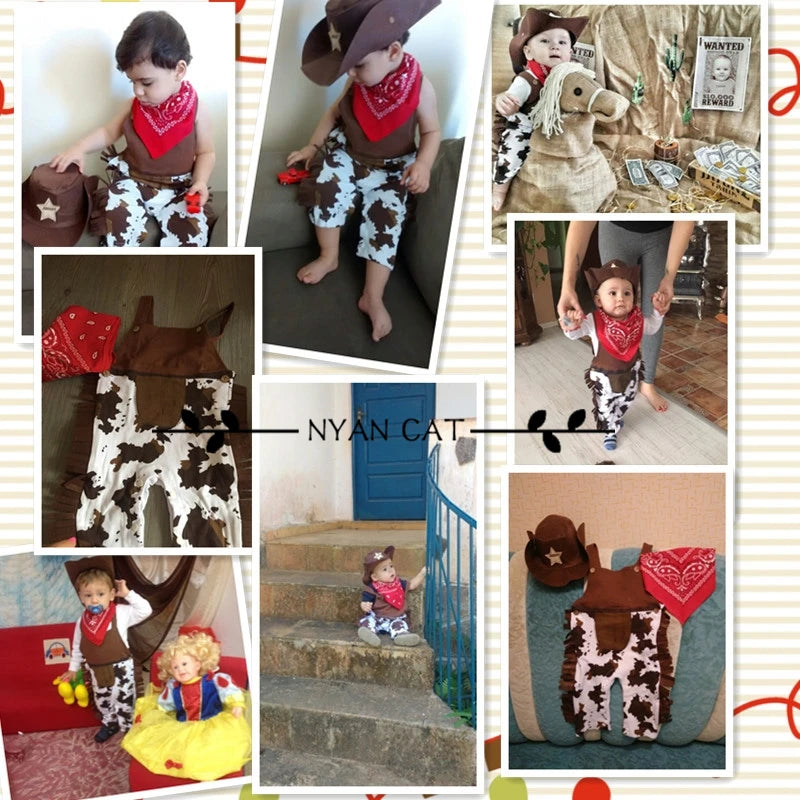 Ropa de bebé, disfraz de vaquero, conjunto de 3 piezas para bebé y niño pequeño: sombrero, bufanda, pelele, trajes de cumpleaños, vacaciones, cosplay