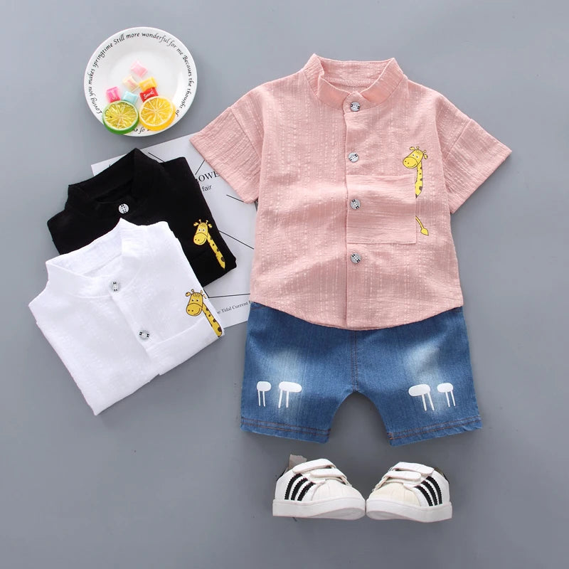 Neu Sommer Hot Sale Kleinkind Kinder Baby Jungen Hemd Cartoon Tops Jeans Shorts Hosen Outfits Set Babykleidung