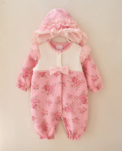 Winter Newborn Baby Girl Clothes Thicken Floral Princess Jumpsuit Clothing Sets Boys Bodysuit+ Hats