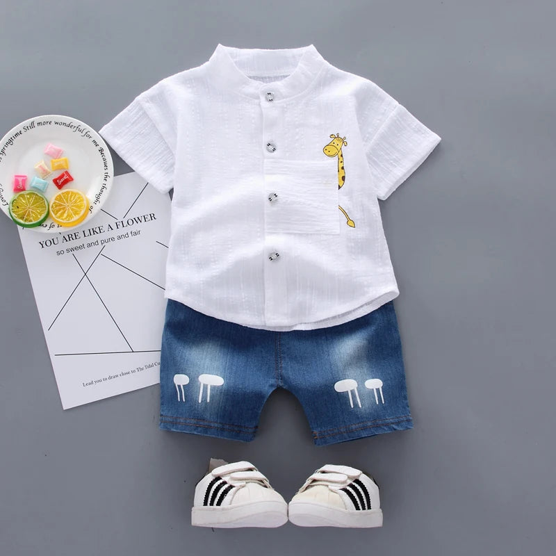 Neu Sommer Hot Sale Kleinkind Kinder Baby Jungen Hemd Cartoon Tops Jeans Shorts Hosen Outfits Set Babykleidung