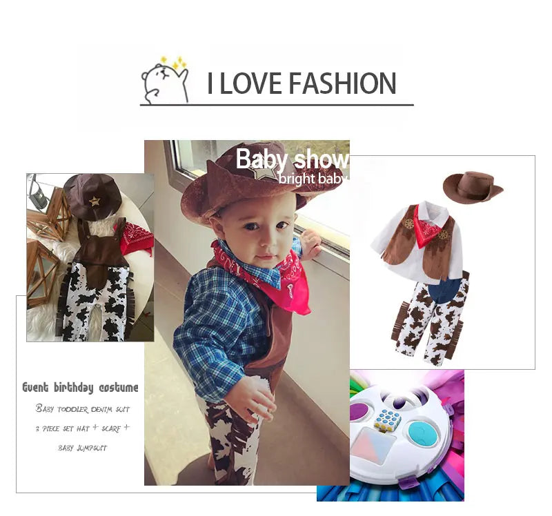 Ropa de bebé, disfraz de vaquero, conjunto de 3 piezas para bebé y niño pequeño: sombrero, bufanda, pelele, trajes de cumpleaños, vacaciones, cosplay