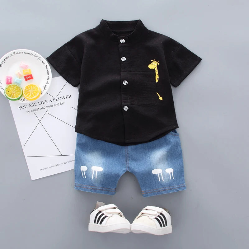 Neu Sommer Hot Sale Kleinkind Kinder Baby Jungen Hemd Cartoon Tops Jeans Shorts Hosen Outfits Set Babykleidung