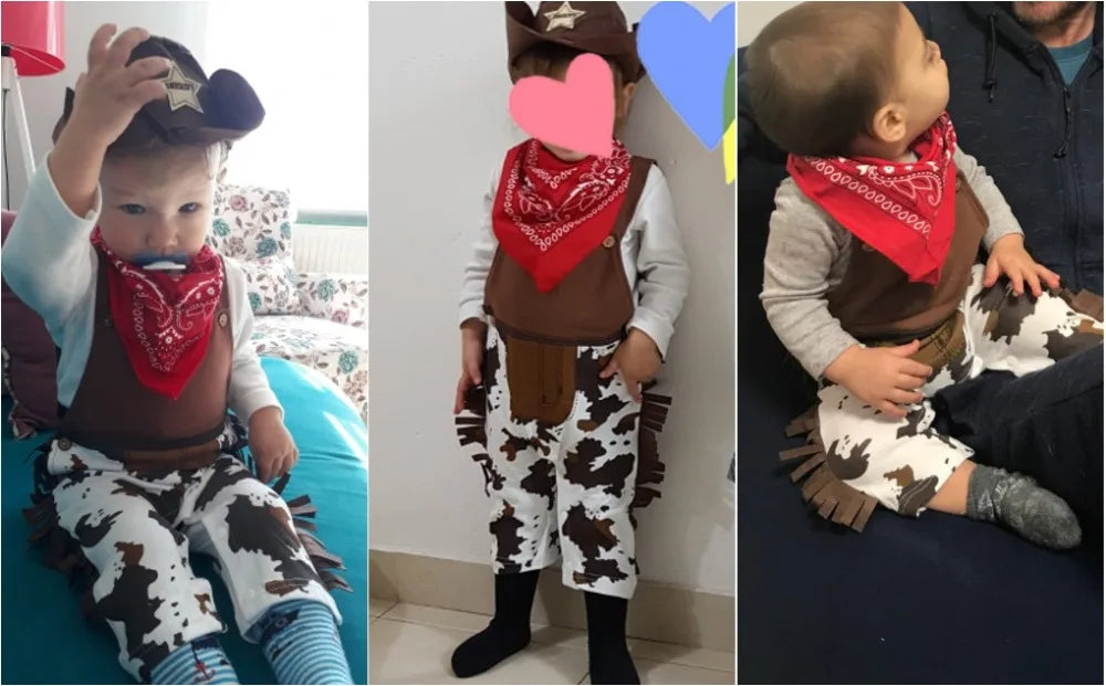 Ropa de bebé, disfraz de vaquero, conjunto de 3 piezas para bebé y niño pequeño: sombrero, bufanda, pelele, trajes de cumpleaños, vacaciones, cosplay