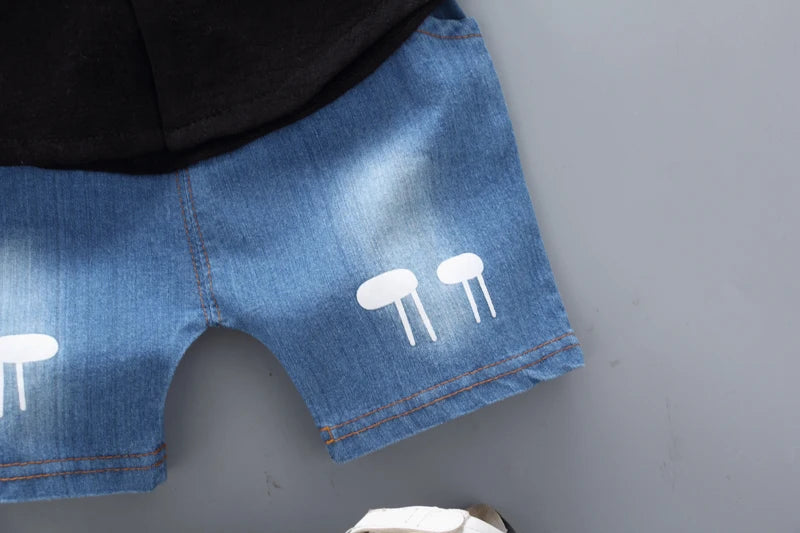 Neu Sommer Hot Sale Kleinkind Kinder Baby Jungen Hemd Cartoon Tops Jeans Shorts Hosen Outfits Set Babykleidung