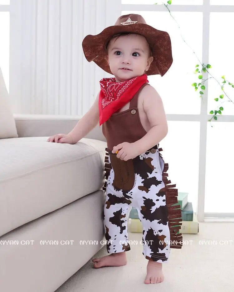 Ropa de bebé, disfraz de vaquero, conjunto de 3 piezas para bebé y niño pequeño: sombrero, bufanda, pelele, trajes de cumpleaños, vacaciones, cosplay