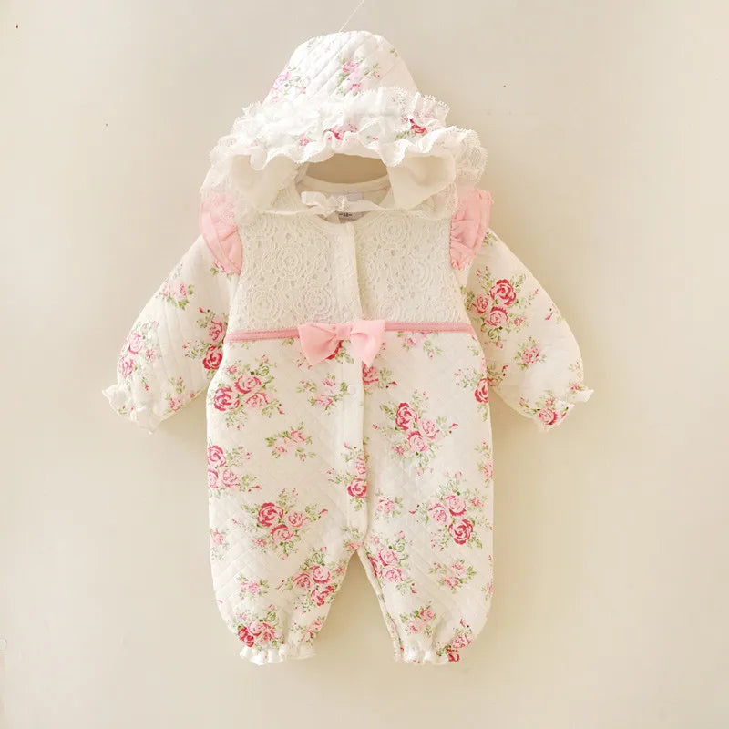Winter Newborn Baby Girl Clothes Thicken Floral Princess Jumpsuit Clothing Sets Boys Bodysuit+ Hats