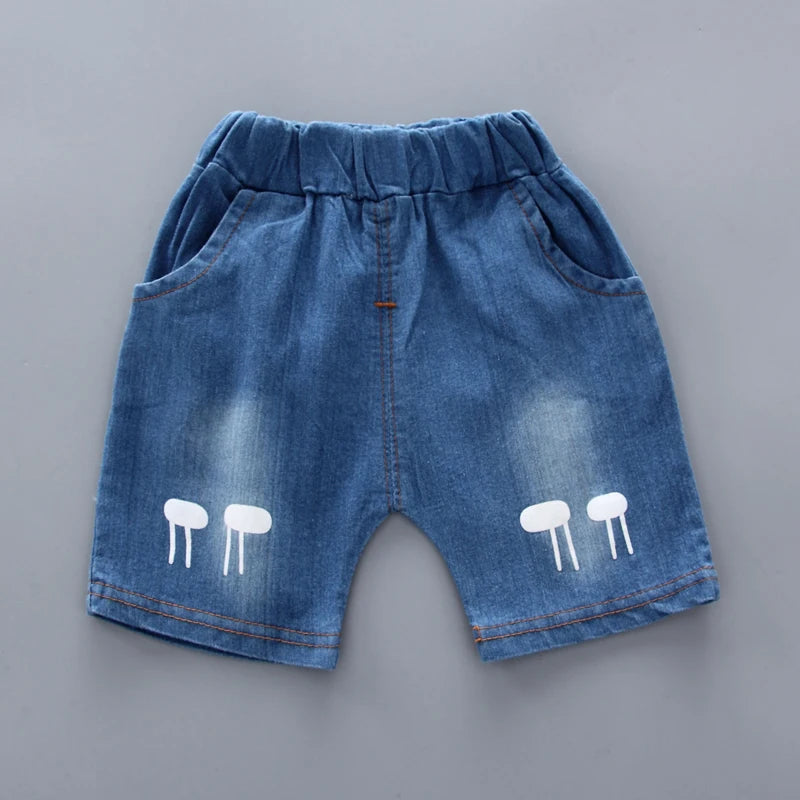 Neu Sommer Hot Sale Kleinkind Kinder Baby Jungen Hemd Cartoon Tops Jeans Shorts Hosen Outfits Set Babykleidung