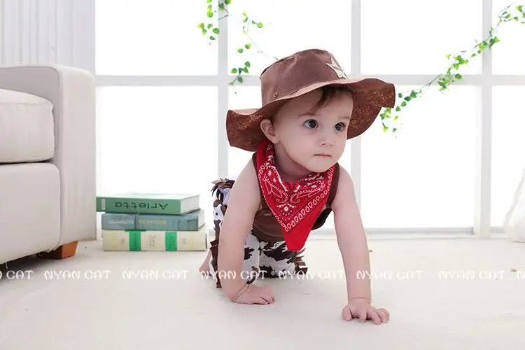 Ropa de bebé, disfraz de vaquero, conjunto de 3 piezas para bebé y niño pequeño: sombrero, bufanda, pelele, trajes de cumpleaños, vacaciones, cosplay