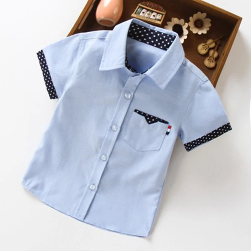 School Boys Shirts Short Sleeve Blouses For Boys Children Clothing Cotton Turn-Down Collar Kids Tops 5 7 9 11 13 15 Years Old