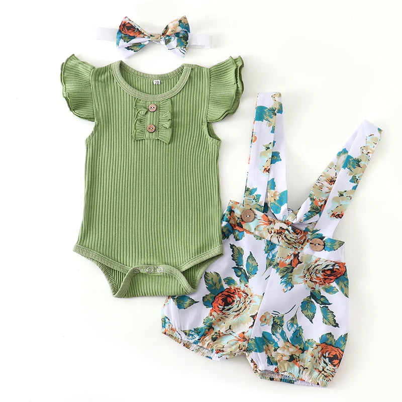 Newborn Baby Girl Clothes Summer 3Pcs Outfit Set Fashion Sleeveless Solid Color Rompers Casual Overalls Headband Infant Clothing