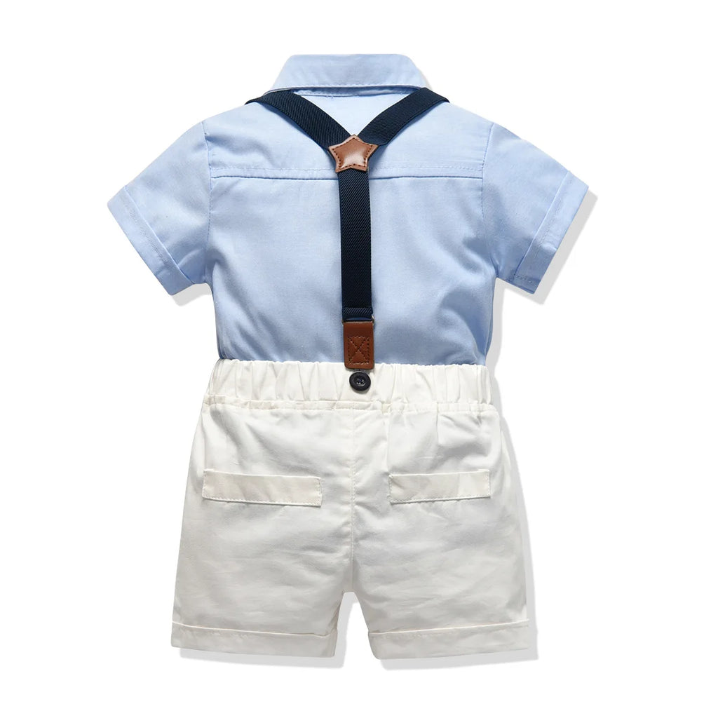 Zweiteilige Baby-Jungen-Gentleman-Fliege, einfarbig, kurze Ärmel, Shorts, Sommer-Baby-Kleidungsset, Kinderboutique-Kleidungsset