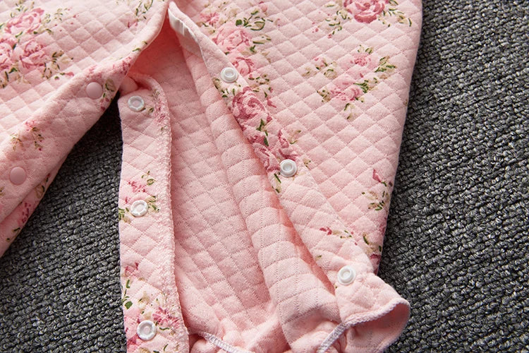 Winter Newborn Baby Girl Clothes Thicken Floral Princess Jumpsuit Clothing Sets Boys Bodysuit+ Hats
