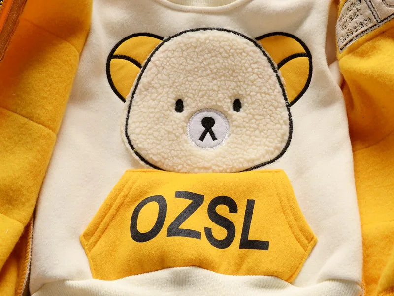 2025 Winter Lässig Baby Kleidung Set 3tlg Kinder Bärenmuster Kapuzenmantel Warme Outfits für Kinder