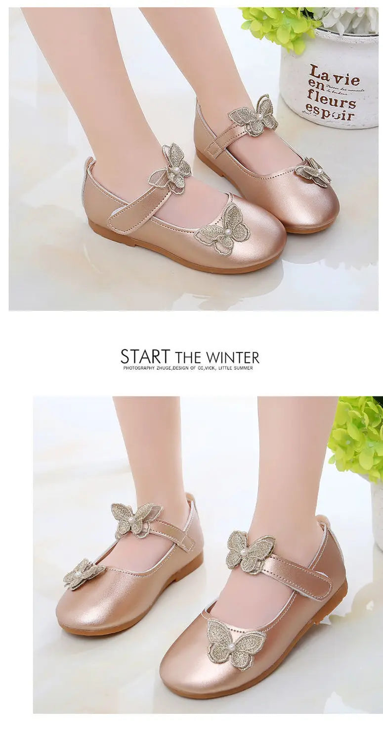 2-12Years Old Kids Leather Shoes Comfortable Beautiful Butterfly Girls Princess Shoes For Wedding Party Children Single Shoes
