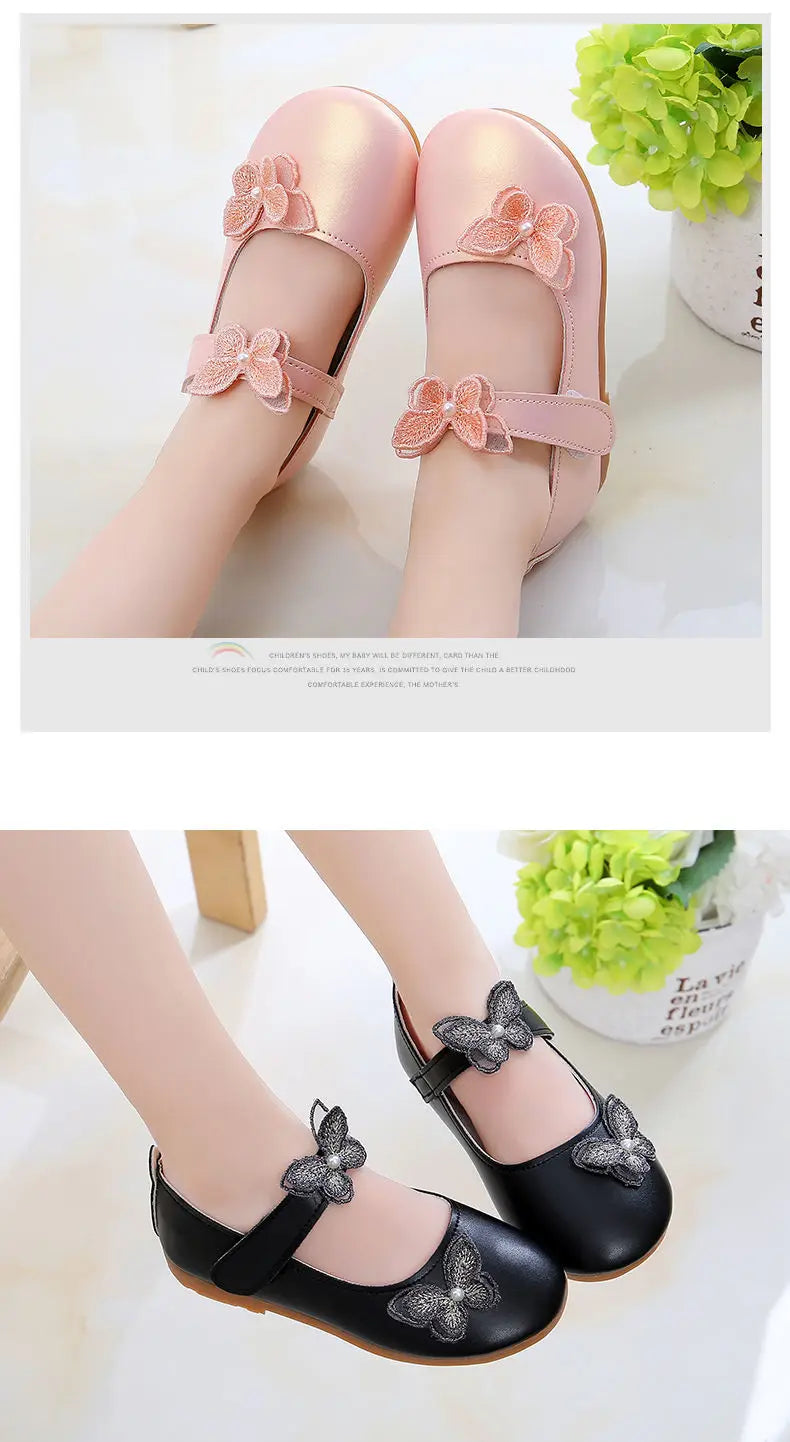 2-12Years Old Kids Leather Shoes Comfortable Beautiful Butterfly Girls Princess Shoes For Wedding Party Children Single Shoes