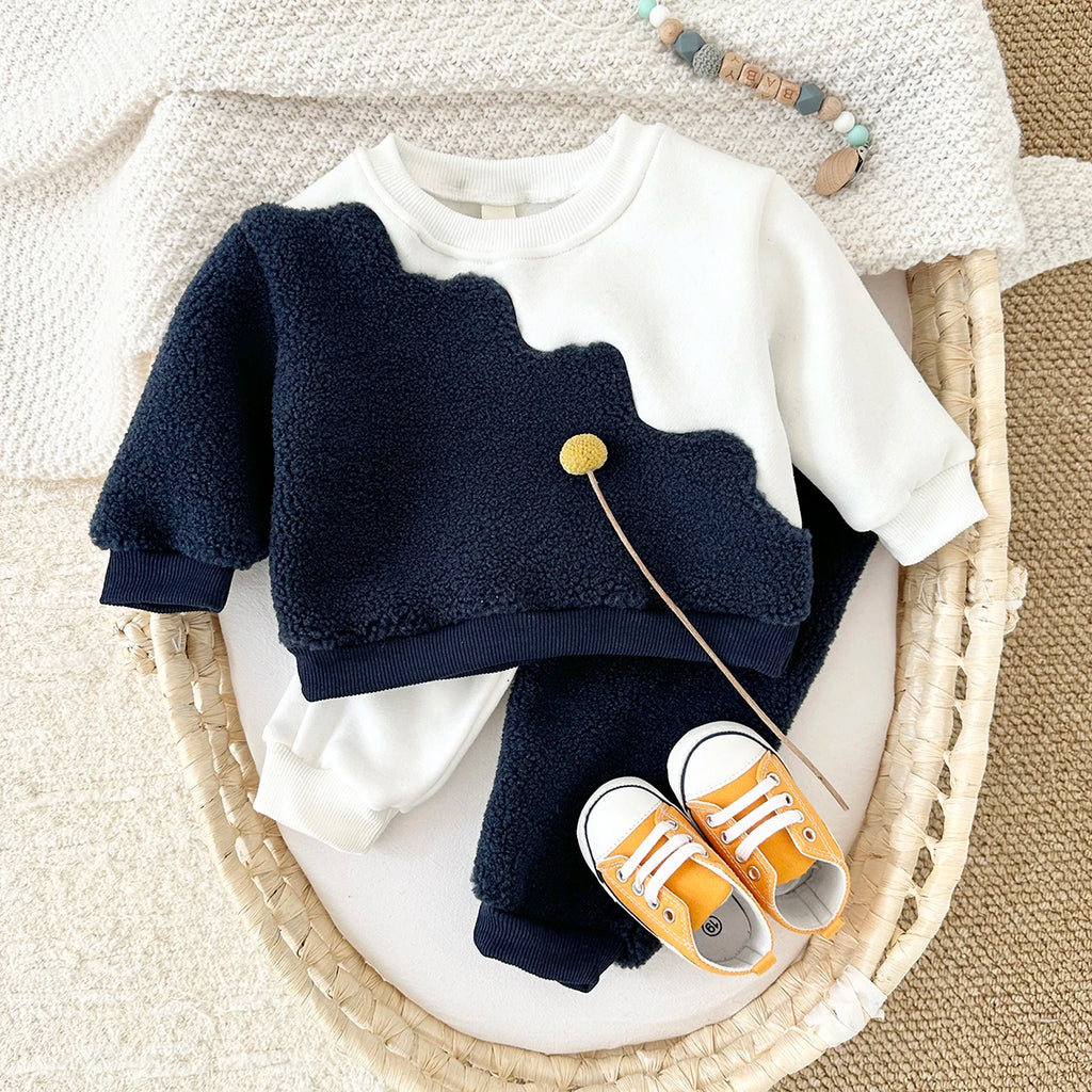 2024 Winter Warme Babykleidungssets für Jungen Neugeborene Blau Weiß Oberteil und Hose Kleinkind 1-3 Jahre