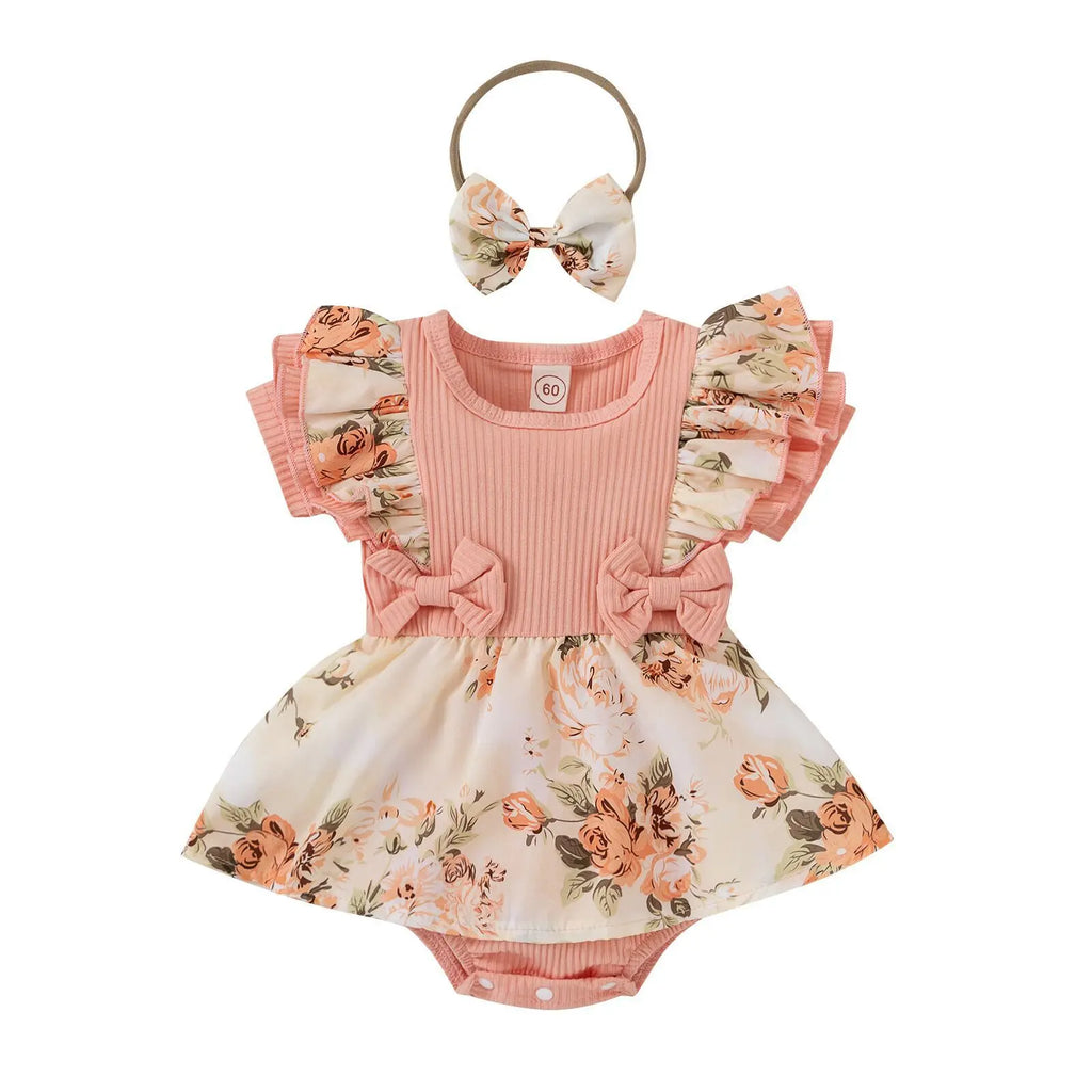 Conjunto de vestido y pelele de algodón orgánico con estampado floral casual de verano para bebés y niñas con manga corta.