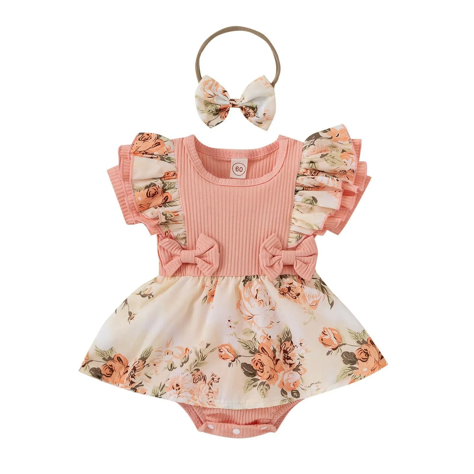 Conjunto de vestido y pelele de algodón orgánico con estampado floral casual de verano para bebés y niñas con manga corta.