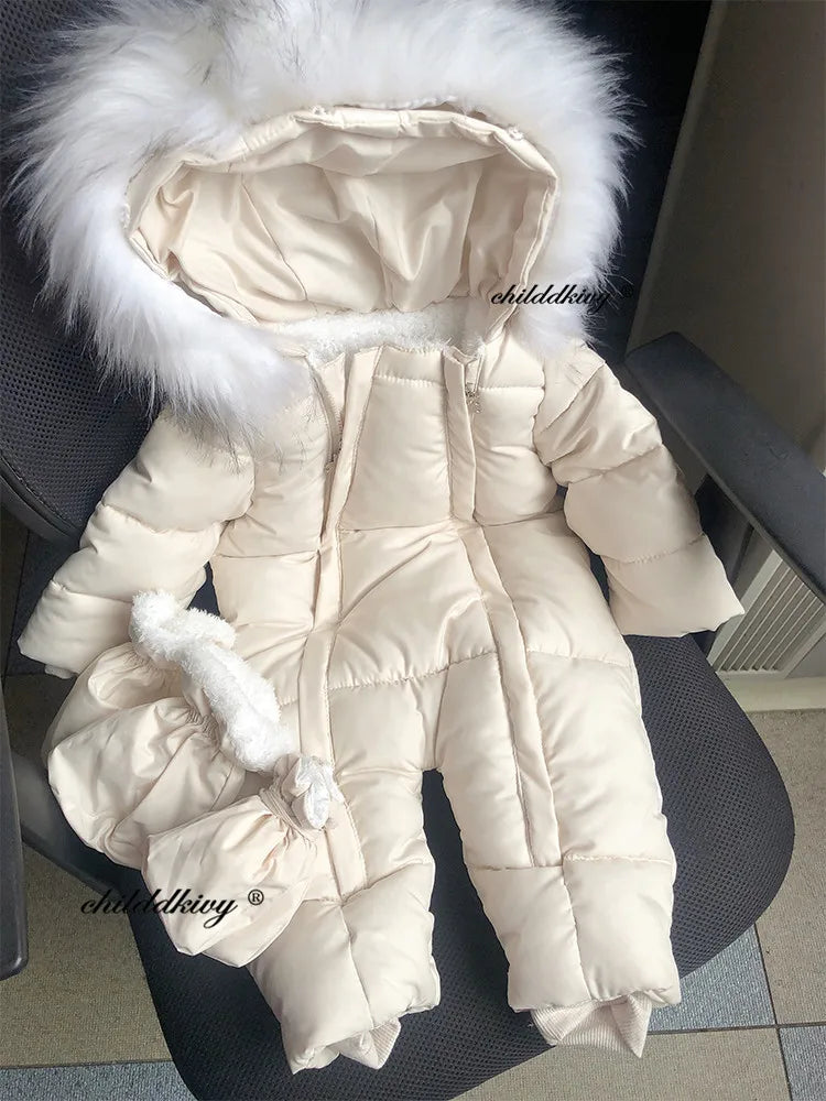 Winter Newborn Baby Girl Clothes Thicken Baby Romper With Gloves Warm Baby Jumpsuit Hooded Plus Velvet Children's Clothing 0-18M