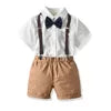 Two Pieces Baby Boys Gentleman Plain Bow Tie Short Sleeve Shorts Summer Baby Clothing Set Kids Boutique Clothing Set