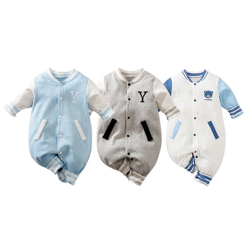 Venta al por mayor, ropa de bebé recién nacido estampada, moda, colores contrastantes, primavera, otoño, mono de bebé de manga larga, uniformes de béisbol.