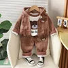 2025 Winter Casual Baby Clothing Set 3pcs Kids Bear Pattern Hooded Coat Warm Outfits for Children