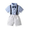 Two Pieces Baby Boys Gentleman Plain Bow Tie Short Sleeve Shorts Summer Baby Clothing Set Kids Boutique Clothing Set