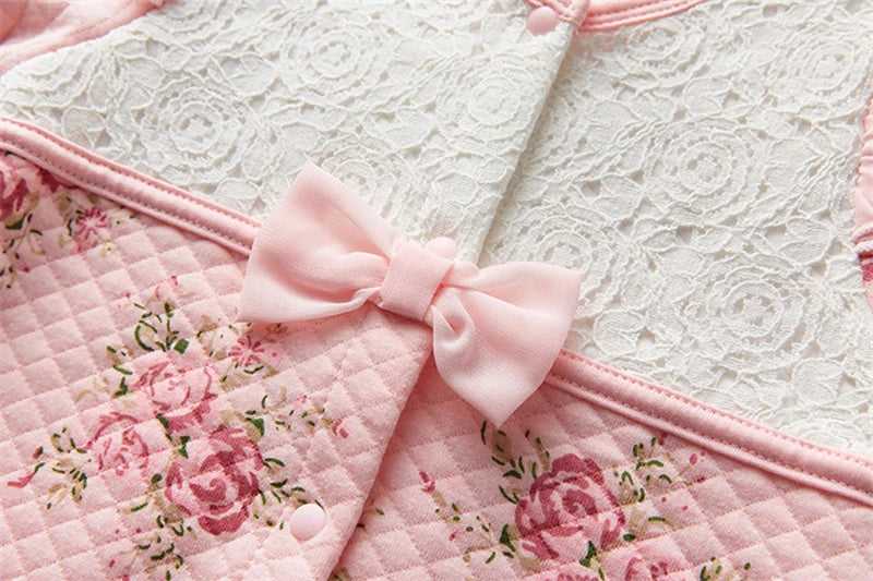 Winter Newborn Baby Girl Clothes Thicken Floral Princess Jumpsuit Clothing Sets Boys Bodysuit+ Hats