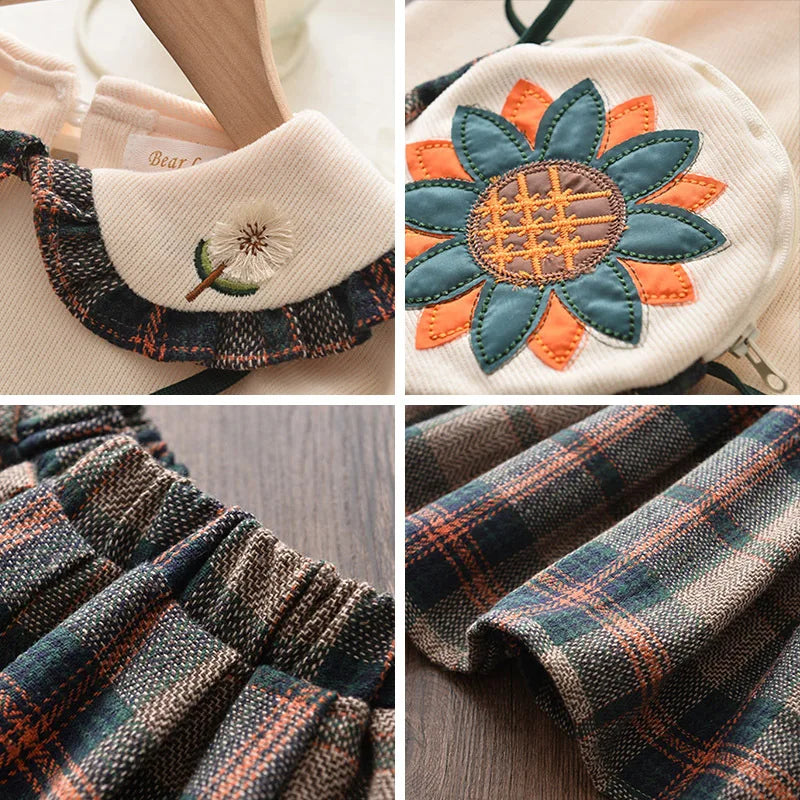 Herbst Baby Kleidung Sets Mädchen Langarm Pullover Peter-Pan-Kragen + karierter Rock 2-teiliges Kleid Set Herbst Kleinkind Kleidung Mädchen