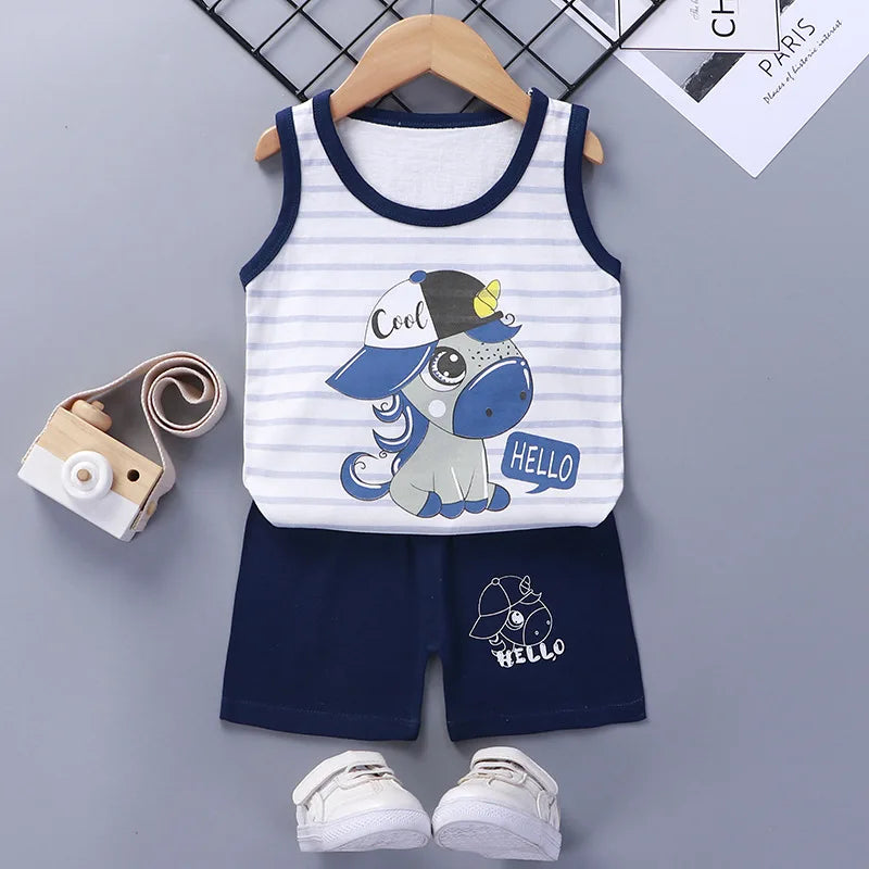 Ready Stock Boy's Summer Sleepwear Breathable Plaid T-Shirts Baby Clothing Sets with Factory Price