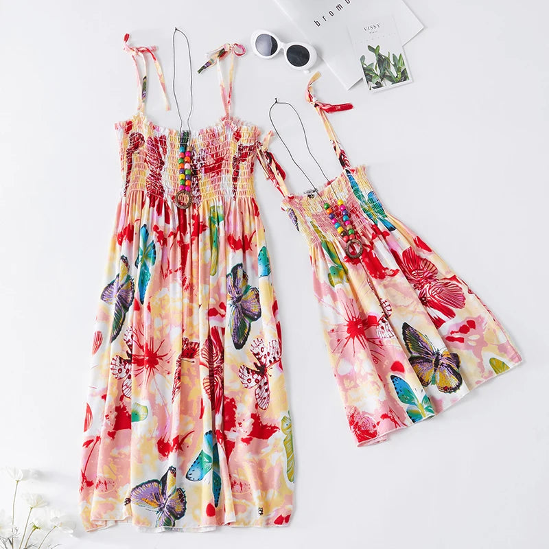 Summer Family Dress Mother and Daughter Matching Outfits Bohemian Beach Floral Sundress Dresses For Mom Girl Family Look Sets