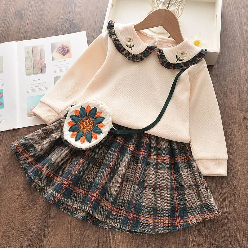 Herbst Baby Kleidung Sets Mädchen Langarm Pullover Peter-Pan-Kragen + karierter Rock 2-teiliges Kleid Set Herbst Kleinkind Kleidung Mädchen