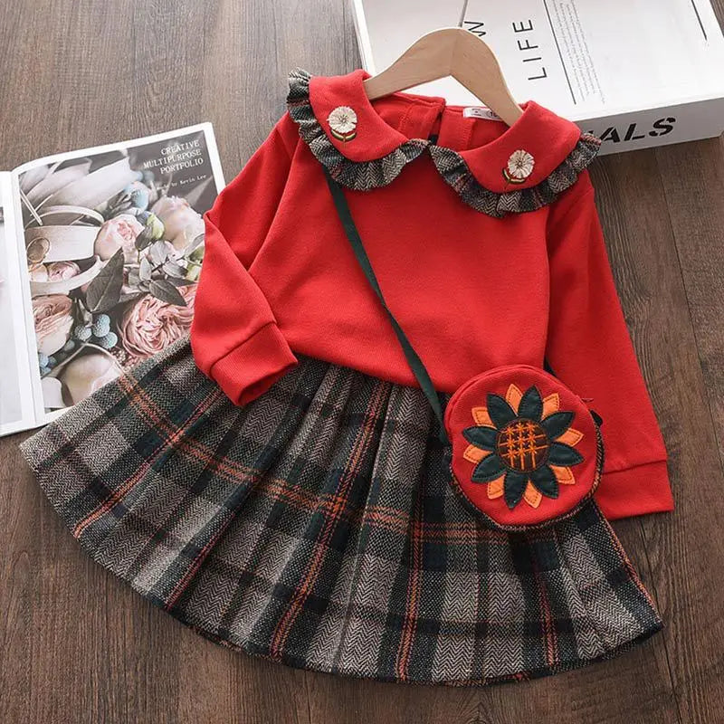 Herbst Baby Kleidung Sets Mädchen Langarm Pullover Peter-Pan-Kragen + karierter Rock 2-teiliges Kleid Set Herbst Kleinkind Kleidung Mädchen