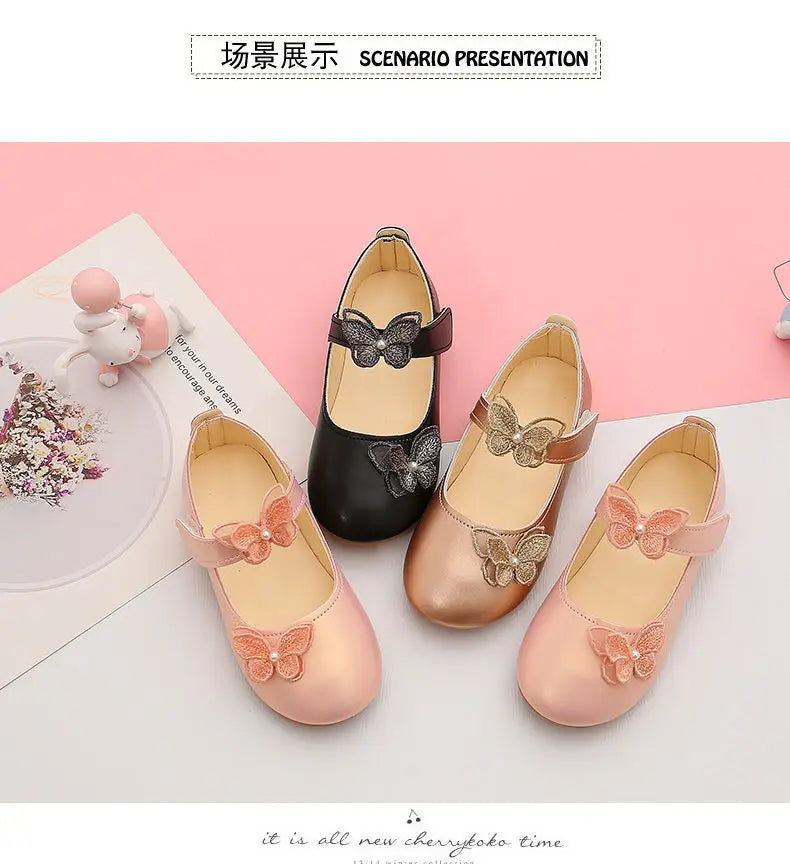 2-12Years Old Kids Leather Shoes Comfortable Beautiful Butterfly Girls Princess Shoes For Wedding Party Children Single Shoes