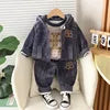 2025 Winter Casual Baby Clothing Set 3pcs Kids Bear Pattern Hooded Coat Warm Outfits for Children