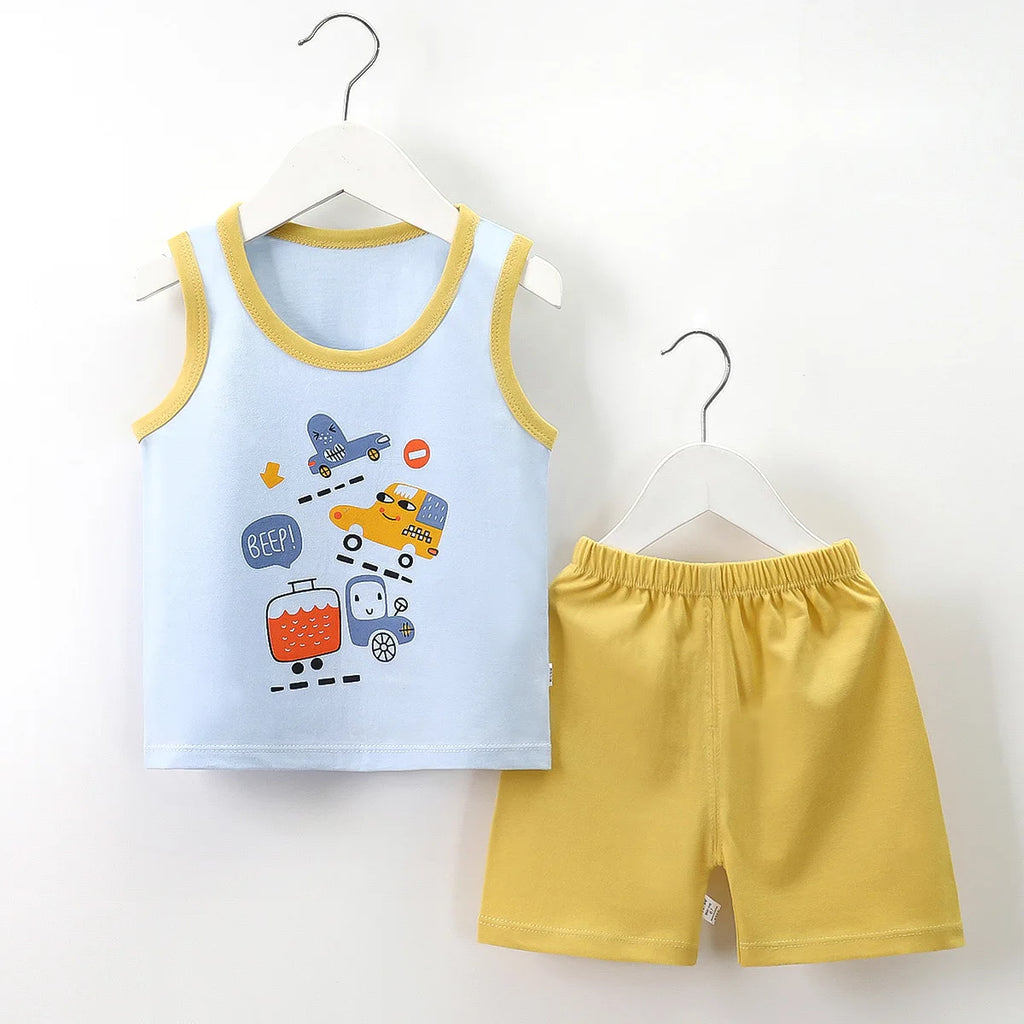 Ready Stock Boy's Summer Sleepwear Breathable Plaid T-Shirts Baby Clothing Sets with Factory Price