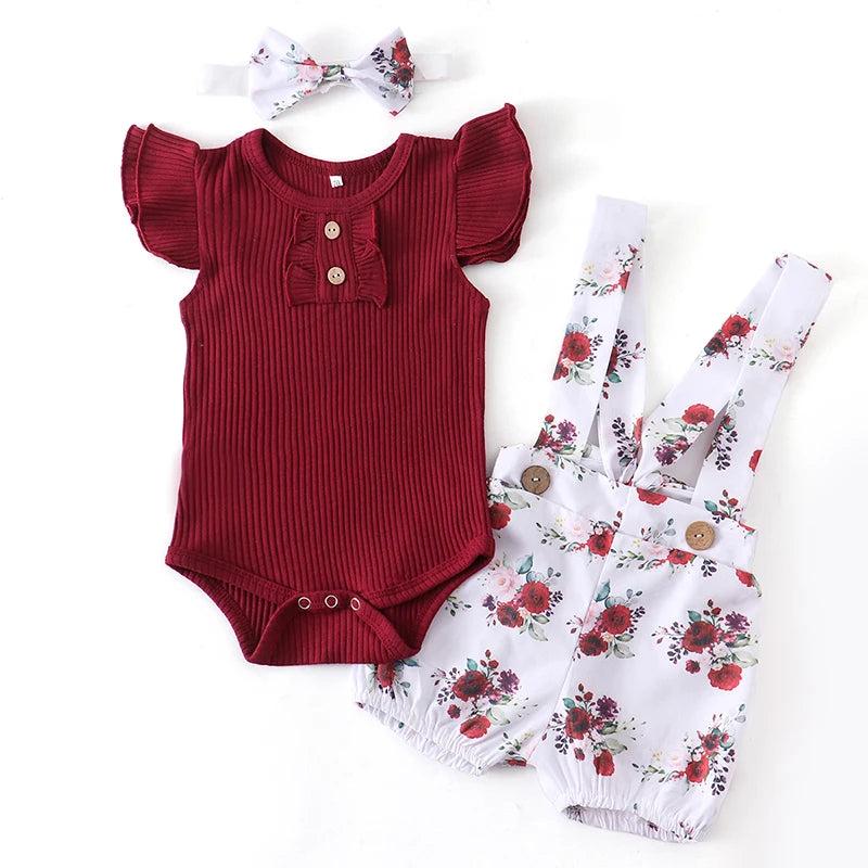 Newborn Baby Girl Clothes Summer 3Pcs Outfit Set Fashion Sleeveless Solid Color Rompers Casual Overalls Headband Infant Clothing
