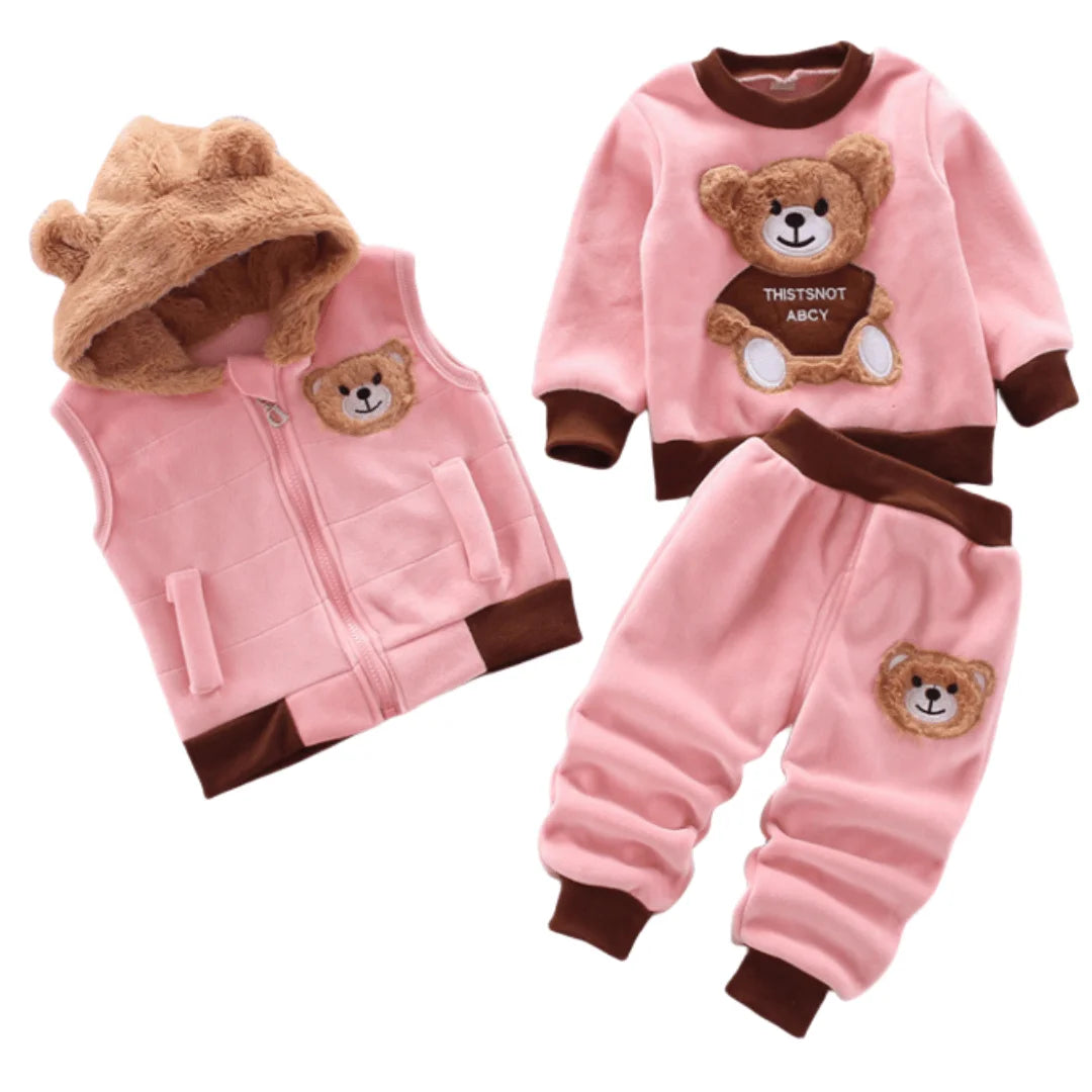 2025 Winter Lässig Baby Kleidung Set 3tlg Kinder Bärenmuster Kapuzenmantel Warme Outfits für Kinder