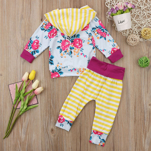 New 2 Pcs Floral Baby Girl Hooded Clothing Set